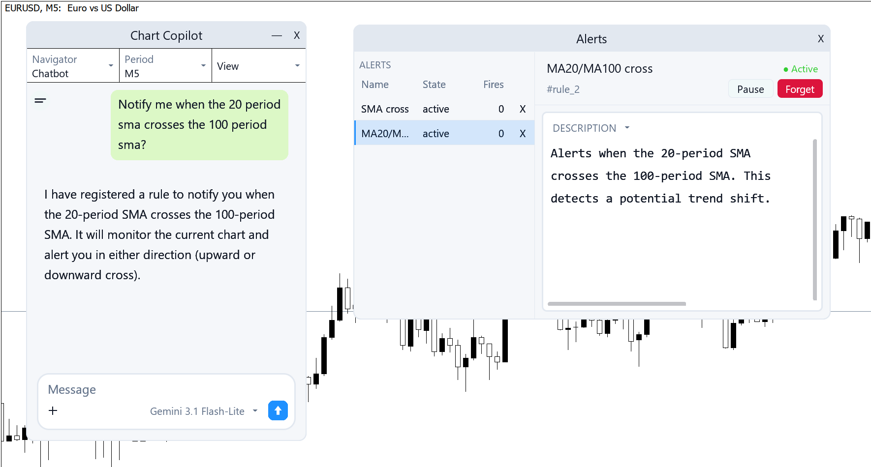 A chat message asking to be notified when the 20-period SMA crosses the 100-period SMA, and the Alerts window showing the resulting MA20/MA100 cross rule registered and active.