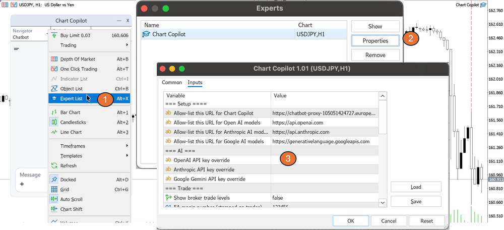 The Chart Copilot inputs dialog, showing where to paste an optional OpenAI, Anthropic or Google Gemini API key.