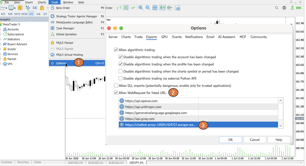 MetaTrader 5 Options window on the Expert Advisors tab, with Allow WebRequest for listed URL ticked and the Chart Copilot proxy address added to the list.